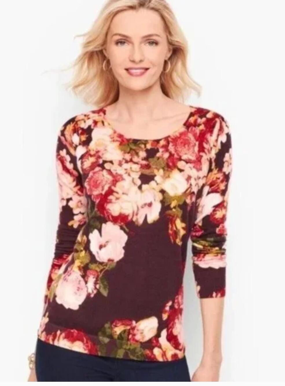 Talbots Luxury Pure Merino Wool Floral Pullover Sweater L Large